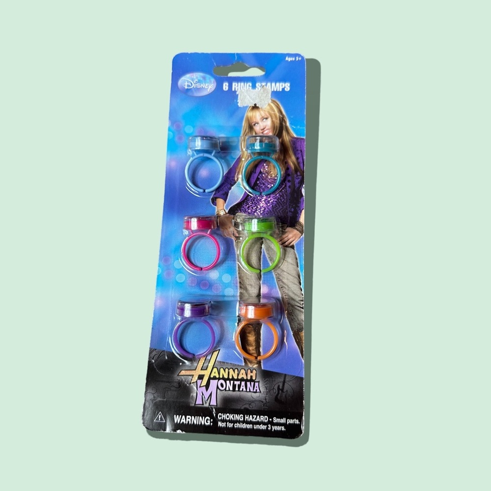 Disney Hannah Montana Miley Cyrus New In Package Set Of 6 Colorful Stamp Rings